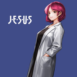  1girl blue_background brown_eyes closed_mouth coat copyright_name hand_in_pocket highres jesus_kyofu_no_bio_monster lab_coat long_sleeves minamoto80486 mole mole_under_eye open_clothes open_coat parted_bangs pink_hair pink_lips pocket ringed_eyes short_hair simple_background smile solo white_coat zhu_fanghua 
