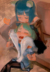  1=2 2girls animal_ears arm_support arms_behind_back between_breasts between_thighs black_legwear blue_hair blunt_bangs bracelet breast_press breasts cat_ears child_on_child closed_eyes couch dress feet female_footjob footjob green_hair hand_on_another&#039;s_knee hand_on_own_knee heart jewelry lace leaning_back leaning_on_person loli multiple_girls nail_polish no_shoes off_shoulder original pantyhose parted_bangs penis sitting sitting_on_shoulder skirt small_breasts spoken_heart wavy_mouth white_legwear yuri  rating:Questionable score:150 user:danbooru