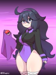  1girl alfwenx breasts cameltoe cosplay creatures_(company) curvy game_freak hex_maniac_(pokemon) highleg highleg_leotard highres holding holding_poke_ball large_breasts leotard long_hair looking_at_viewer nervous_smile nintendo nude poke_ball pokemon pokemon_xy shiny_skin smile solo standing sweat thick_thighs thighhighs thighs twitter_username very_long_hair wavy_mouth 