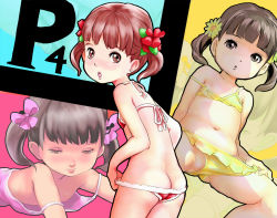  1girl ass atlus bad_id bad_pixiv_id bikini bikini_bottom_aside brown_eyes brown_hair butt_crack clothes_pull clothing_aside doujima_nanako downblouse extended_downblouse flat_chest flower hair_flower hair_ornament highres loli lowleg lowleg_bikini moocharuto navel nipples no_bra one-piece_swimsuit_pull persona persona_4 pussy solo spread_legs swimsuit swimsuit_aside twintails 