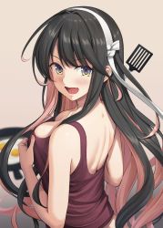 1girl alternate_costume black_hair blurry breasts commentary_request cooking depth_of_field egg_(food) fang food fried_egg from_behind hairband highres ichikawa_feesu kantai_collection large_breasts long_hair multicolored_hair naganami_(kancolle) naganami_kai_ni_(kancolle) pink_hair purple_eyes purple_tank_top solo tank_top two-tone_hair upper_body white_hairband rating:Sensitive score:26 user:danbooru