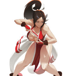 1girl armor black_eyes black_hair breasts brown_hair cleavage fatal_fury folded_fan folding_fan hair_ribbon hand_fan highres holding holding_fan japanese_armor japanese_clothes kote large_breasts leaning_forward legs_apart long_hair looking_away looking_to_the_side loped orb parted_lips pelvic_curtain ponytail revealing_clothes ribbon sash shiranui_mai simple_background sleeveless smile snk solo standing the_king_of_fighters toned white_background white_ribbon rating:Sensitive score:89 user:danbooru