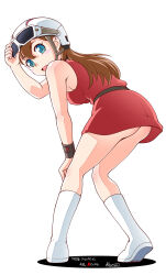  1girl armpits ass belt bent_over black_belt black_choker blue_eyes blush boots breasts brown_hair choker dress female_focus from_behind full_body goggles goggles_on_head hand_on_own_knee helmet japanese_text legs long_hair looking_at_viewer looking_back medium_breasts netflix no_panties open_mouth raymon red_dress riimu_stream science_fiction shadow short_dress signature simple_background solo tp_bon upskirt white_background white_footwear wristband  rating:Questionable score:5 user:SamXystus