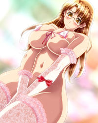 1girl 286c areola_slip azumanga_daiou bikini bikini_top_only blush bottomless breasts brown_eyes brown_hair cleavage covered_erect_nipples covering_privates covering_crotch elbow_gloves embarrassed female_focus front-tie_top glasses gloves highres huge_breasts lace lace_gloves lace_legwear lingerie long_hair looking_at_viewer micro_bikini mizuhara_koyomi navel skindentation solo standing string_bikini sweatdrop swimsuit thighhighs underwear underwear_only white_bikini white_gloves white_thighhighs rating:Questionable score:95 user:Xander