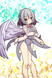  1girl bare_legs blue_background blue_panties bow braid breasts closed_mouth collared_shirt crossed_arms feathered_wings french_braid grey_hair groin hair_between_eyes hekkmushi highres jacket kishin_sagume knees legs long_sleeves looking_at_viewer medium_breasts nose panties red_eyes see-through shirt short_hair single_wing skirt smile solo standing thighs touhou underwear white_background wings yellow_background 