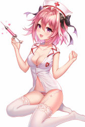 1girl :d aaeru alternate_hairstyle astolfo_(fate) black_bow black_ribbon blush bow breasts cleavage commentary_request fang fate/apocrypha fate_(series) feet garter_belt genderswap genderswap_(mtf) hair_bow hair_ribbon hat heart highres looking_at_viewer medium_breasts navel no_shoes nurse nurse_cap open_mouth panties pink_hair purple_eyes ribbon short_hair simple_background skin_fang smile solo striped_clothes striped_panties syringe thighhighs underwear white_background white_thighhighs rating:Sensitive score:77 user:danbooru