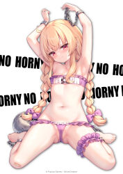 1girl arata_(xin) armpits arms_up barefoot bikini blonde_hair blush braid breasts bridal_garter cameltoe chain cleft_of_venus cuffs feet female_focus full_body highres little_witch_nobeta loli long_hair looking_at_viewer micro_bikini navel nobeta official_art partially_visible_vulva purple_bikini red_eyes small_breasts solo spread_legs stomach swimsuit thighs toes twin_braids twintails rating:Questionable score:245 user:danbooru