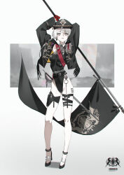  1girl anklet arms_up belt black_jacket black_leotard cropped_jacket earrings falslander flag full_body gloves grey_eyes hat high_heels highleg highleg_leotard highres holding holding_flag jacket jewelry leotard looking_at_viewer neco open_clothes open_jacket red_gloves saber_(weapon) short_hair solo standing sword thigh_strap very_short_hair weapon white_hair 