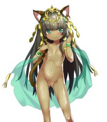 1girl animal_ear_fluff animal_ears bad_id bad_pixiv_id bastet_(p&amp;d) black_hair blunt_bangs blush bracelet breasts breasts_apart cat_ears cat_girl cat_tail dark-skinned_female dark_skin earrings egyptian eyes_visible_through_hair flat_chest gold_trim green_eyes highres jewelry loli long_hair navel nipples nude pussy puzzle_&amp;_dragons sawayaka_samehada see-through simple_background smile solo standing tail very_long_hair white_background rating:Explicit score:147 user:danbooru