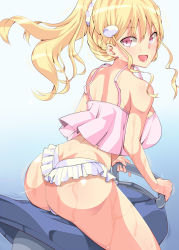  1girl amasora_taichi ass blonde_hair breasts butt_crack earrings exercising gradient_background hair_ornament jewelry large_breasts long_hair looking_back open_mouth original pink_eyes ponytail riding_machine simple_background smile solo sweat wet yellow_eyes  rating:Questionable score:50 user:danbooru