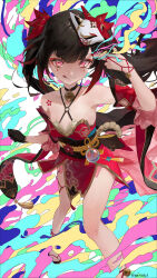  1girl :q abstract_background arm_up bell black_choker black_gloves black_sash breasts brown_hair butterfly-shaped_pupils choker collarbone criss-cross_halter detached_sleeves dress finger_gun finger_gun_to_head flower_tattoo foot_out_of_frame fox_mask full_body gloves halterneck hand_up highres honkai:_star_rail honkai_(series) mask mask_on_head nail_polish neck_bell o-ring red_dress red_eyes red_nails red_sleeves sash sidelocks single_glove small_breasts solo sparkle_(honkai:_star_rail) symbol-shaped_pupils tattoo tongue tongue_out twintails twitter_username white_background zeradok 