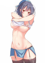 10s 1girl adapted_costume bare_arms beret black_hair black_thighhighs breasts clothes_lift cowboy_shot garter_straps ging1993 groin hat highres kantai_collection large_breasts lifted_by_self looking_at_viewer navel red_eyes shirt_lift simple_background solo stomach takao_(kancolle) thighhighs underboob undressing white_background rating:Questionable score:28 user:danbooru