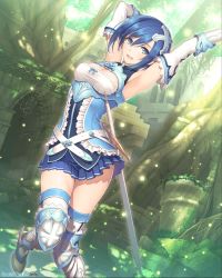  1girl armor armored_boots armpits arms_up belt blue_eyes blue_hair boots breasts cleavage day dress elbow_gloves frills gloves hair_ornament hortensia_saga knee_boots looking_at_viewer medium_breasts open_mouth outdoors pleated_skirt ribbon short_dress short_hair skirt sleeveless smile solo sword thighhighs tony_taka weapon zettai_ryouiki  rating:Sensitive score:31 user:danbooru