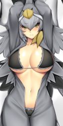 10s 1girl alternate_breast_size arms_up belt blush bra breasts breasts_apart censored covered_erect_nipples expressionless fingerless_gloves gloves green_eyes grey_hair hat heart heart_censor kemono_friends lace lace-trimmed_bra lace-trimmed_panties lace_trim large_breasts lips looking_at_viewer lying navel necktie nipples on_back open_clothes panties shoebill_(kemono_friends) shorts solo swimsuit tony_guisado underwear unzipped yellow_eyes rating:Questionable score:33 user:danbooru