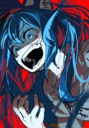  1girl absurdres blast-7 blue_eyes blue_hair bow commentary_request hair_bow highres open_mouth red_background simple_background solo teeth touhou upper_body yorigami_shion  rating:General score:5 user:danbooru