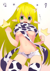  1girl animal_print blonde_hair breasts cow_girl cow_horns cow_print elf grand_chase green_eyes large_breasts lire_eryuell pointy_ears solo sumaki_shungo surprised underboob  rating:Questionable score:33 user:mrhonk123
