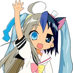 00s 1girl absurdres ahoge animal_ears black_hair blue_hair blush bow clannad crossover fang fusion hatsune_miku highres ikamusume ikeda_kana izumi_konata kud_wafter little_busters! lucky_star moetron multicolored_bow multicolored_hair noumi_kudryavka open_mouth sakagami_tomoyo saki_(manga) school_uniform short_twintails silver_hair simple_background solo twintails vector_trace vocaloid what rating:Sensitive score:21 user:usernam
