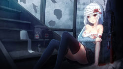  1girl ahoge ass bandaged_arm bandaged_head bandages bare_shoulders black_skirt black_thighhighs blood blood_on_face bloody_weapon blue_shirt breasts brick_wall cleavage collarbone commentary commission english_commentary feet_out_of_frame first_aid_kit gun hair_between_eyes long_hair long_sleeves m16 m16a4 medium_breasts original parted_lips pleated_skirt prophosphere red_eyes shirt silver_hair sitting skirt solo stairs thighhighs weapon weapon_request  rating:Sensitive score:4 user:danbooru