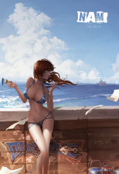 1girl 6.3.2.4. arm_tattoo bare_arms bare_legs bare_shoulders bikini blue_sky breasts brick_wall character_name cleavage cloud collarbone copyright_name cowboy_shot dated day covered_erect_nipples closed_eyes floating_hair hands_up highres hip_focus holding holding_paintbrush large_breasts long_hair nami_(one_piece) navel o-ring o-ring_bikini o-ring_bottom o-ring_top ocean one_piece open_mouth outdoors paint paint_can paint_splatter paintbrush pirate_ship ship signature sky smile solo standing stomach swimsuit tattoo thigh_gap water watercraft wind rating:Sensitive score:50 user:danbooru
