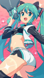  1girl animal_ear_fluff animal_ears arm_up ass belt bikini bikini_top_only black_sleeves black_thighhighs breasts cat_ears choker fake_animal_ears from_behind green_eyes green_hair hatsune_miku highres jacket long_hair looking_at_viewer looking_back megaphone navel om_(nk2007) open_mouth short_shorts shorts small_breasts smile solo stomach swimsuit thighhighs thighs twintails very_long_hair vocaloid white_jacket  rating:Sensitive score:52 user:danbooru