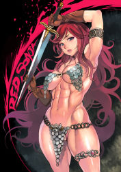 1girl abs armlet armor armpits bikini_armor blood blood_splatter bloody_weapon blue_eyes breasts brown_gloves chainmail character_name cowboy_shot elbow_gloves eyeshadow f.s. female_focus floating_hair gloves groin highres holding holding_sword holding_weapon lips long_hair looking_at_viewer makeup midriff muscular muscular_female navel o-ring o-ring_bottom parted_lips pelvic_curtain red_hair red_sonja red_sonja_(comics) sideboob skull solo swept_bangs sword thick_thighs thighlet thighs underboob very_long_hair wavy_hair weapon rating:Sensitive score:170 user:danbooru