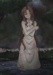  1girl aerith_gainsborough bare_arms bare_shoulders breasts brown_hair choker cleavage crossed_legs dress field final_fantasy final_fantasy_vii flower flower_field green_eyes half-closed_eyes krudears long_dress long_hair looking_at_viewer medium_breasts parted_bangs partially_submerged pink_dress ribbon_choker sidelocks sleeveless sleeveless_dress solo spaghetti_strap wavy_hair white_flower 