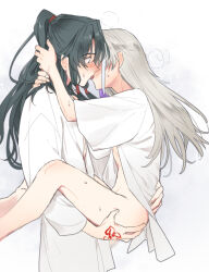  2boys archer_(fate/samurai_remnant) arms_around_neck blush carrying carrying_person command_spell fate/samurai_remnant fate_(series) french_kiss green_hair grey_hair high_ponytail keclpshvli kiss lifting_person long_hair male_focus multicolored_hair multiple_boys partially_undressed ponytail sex shirt streaked_hair sweat tassel white_background white_hair white_shirt yaoi zheng_chenggong_(fate) 