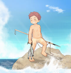  1boy absurdres animal barefoot blue_sky blush day eyebrows feet fish flaccid foreskin grin groin highres holding holding_animal holding_fish holding_polearm holding_spear holding_weapon horizon male_focus navel nipples nude ocean original outdoors penis polearm red_hair rock short_hair shota sky small_penis smile solo spear standing testicles third-party_edit toes uncensored water weapon wet wzxxm0105  rating:Explicit score:74 user:ponekad