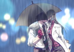 1boy 1girl arms_behind_back breasts capcom coat doctor fingerless_gloves gloves highres implied_kiss justice_gakuen large_breasts legs necktie open_clothes open_coat pants rain shadow short_hair skirt teacher thighs umbrella