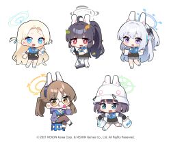  5girls absurdres angel_wings animal_ears bag black_bow black_bowtie black_gloves black_hair black_necktie black_pantyhose blonde_hair blue_archive blue_eyes blue_halo bow bowtie braid brown_eyes brown_hair candy chair closed_mouth collared_shirt combat_helmet donmin_h employee_uniform fake_animal_ears food gloves green_eyes green_halo grey_hair grey_halo halo hat helmet highres holding holding_candy holding_food korean_commentary long_hair long_sleeves miyako_(blue_archive) miyu_(blue_archive) moe_(blue_archive) multiple_girls necktie official_alternate_costume official_art one_side_up open_mouth pantyhose plastic_bag ponytail purple_eyes rabbit_ears rabbit_platoon_(blue_archive) red_eyes saki_(blue_archive) shirt shoes simple_background slippers smile socks sora_(blue_archive) stahlhelm tongue tongue_out twintails two_side_up uniform white_background white_footwear white_hat white_pantyhose white_socks white_wings wings yellow_halo 