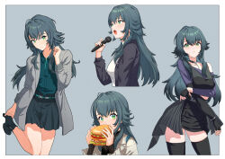 1girl absurdres adjusting_footwear black_dress black_footwear black_shirt black_thighhighs blush burger closed_mouth coat collared_shirt commentary_request dress eating food from_side gakuen_idolmaster green_eyes green_hair grey_coat hair_flaps high_heels highres holding holding_burger holding_food holding_microphone idolmaster kumo33 long_sleeves looking_ahead looking_at_viewer microphone multiple_views open_mouth pleated_skirt shirt single-shoulder_dress skirt thighhighs tsukimura_temari 