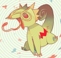  @_@ akadako animal_focus colored_sclera creatures_(company) full_body game_freak gen_3_pokemon green_background halftone jumping kecleon long_tongue nintendo no_humans one-hour_drawing_challenge open_mouth outline pokemon pokemon_(creature) red_outline red_sclera solo spiral_background spread_legs tongue tongue_out yellow_eyes  rating:General score:0 user:AngryZapdos