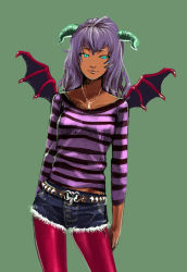 1girl aqua_eyes bad_id bad_pixiv_id bat_wings belt belt_buckle breasts buckle casual cowboy_shot cutoffs dark-skinned_female dark_skin demon_girl denim denim_shorts dragon_quest dragon_quest_v green_background horns jewelry long_hair long_sleeves looking_away messala_(dq5) messala_(dragon_quest) messara midriff mini_wings monster_request necklace pantyhose pantyhose_under_shorts personification pink_pantyhose purple_hair red_pantyhose sakamoto_kengo shirt short_shorts shorts simple_background small_breasts solo standing striped_clothes striped_shirt studded_belt wings