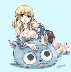 1girl barefoot blonde_hair breasts cleavage fairy_tail feet female_focus happy_(fairy_tail) large_breasts long_hair lucy_heartfilia mashima_hiro simple_background solo tattoo twintails rating:Questionable score:44 user:TheRedLight