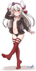  1girl absurdres amatsukaze_(kancolle) black_panties blush boppin breasts brown_dress brown_eyes cameltoe dress female_focus full_body hair_tubes highres kantai_collection loli long_hair long_sleeves looking_at_viewer navel no_bra one_eye_closed open_clothes open_dress panties red_thighhighs sailor_dress salute simple_background small_breasts smokestack_hair_ornament solo thighhighs two_side_up underwear walking white_background white_hair  rating:Questionable score:53 user:danbooru