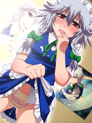 1girl :d apron blouse blue_dress blush bow braid clothes_lift collared_shirt cum cum_in_mouth cum_in_pussy cum_on_body cum_on_clothes cum_on_upper_body cum_wearing dress dripping dual_persona eyebrows facial frills gluteal_fold green_bow green_ribbon grey_hair hair_between_eyes hair_bow hair_ribbon half-closed_eyes hayashi_custom highres izayoi_sakuya lingerie maid maid_apron maid_headdress navel open_mouth panties poster_(object) pussy_juice pussy_juice_drip_through_clothes pussy_juice_on_panties pussy_juice_stain red_eyes ribbon shirt short_sleeves side_braid skirt skirt_lift smile solo striped_clothes striped_panties thighs touhou twin_braids twintails underwear waist_apron wet wet_clothes wet_panties white_hair white_shirt rating:Explicit score:86 user:danbooru