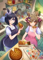  2girls animal_ears apple_pie apron black_apron black_hair blue_eyes blush brown_hair closed_mouth cooking_pot eating eishin_flash_(umamusume) food food_on_face fruit highres holding holding_food horse_ears horse_girl horse_tail indoors kitchen kogomiza long_hair looking_at_viewer macaron multiple_girls open_mouth orange_(fruit) oven_mitts pie pink_apron plant potted_plant puffy_short_sleeves puffy_sleeves school_uniform short_hair short_sleeves smart_falcon_(umamusume) smile tail tracen_school_uniform twintails umamusume yellow_eyes 