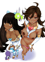  10s 2girls :p ahoge between_breasts black_hair blush breasts brown_eyes cat chuck_(psg) clothes_between_breasts corset dark-skinned_female dark_skin detached_sleeves dog high_heels highres hikapan honekoneko jewelry large_breasts long_hair looking_at_viewer multiple_girls navel necklace nipples open_mouth panties panty_&amp;_stocking_with_garterbelt panty_(psg) pink_panties ring saeki_shun sandals simple_background size_difference smile stocking_(psg) striped_legwear thighhighs third-party_edit tongue tongue_out tosh_(imonade_ryouchou) underwear undressing very_long_hair white_background wings  rating:Questionable score:227 user:duratote