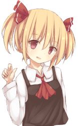  1girl alternate_hairstyle ascot bad_id bad_pixiv_id black_dress blonde_hair dress hair_ribbon long_sleeves looking_at_viewer open_mouth peta_(petalol) red_eyes ribbon rumia shirt simple_background smile solo touhou twintails white_background 