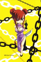  1girl breasts cleavage dress erza_scarlet fairy_tail gloves large_breasts purple_dress red_hair  rating:Sensitive score:3 user:deltam9