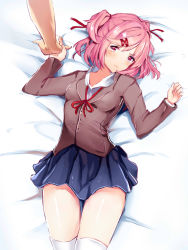 1girl 3: absurdres bed_sheet blue_skirt blush breasts collarbone commentary cowboy_shot disembodied_hand doki_doki_literature_club english_commentary eye_contact female_focus grey_jacket hair_ornament hair_ribbon hairclip hand_grab highres holding_hands jacket koahri lips long_sleeves looking_at_another looking_at_viewer lying matching_hair/eyes natsuki_(doki_doki_literature_club) on_back pale pink_eyes pink_hair pleated_skirt pov pov_hands red_ribbon ribbon school_uniform shiny_skin short_hair short_twintails skirt small_breasts solo solo_focus thighhighs thighs twintails two_side_up uniform wavy_mouth white_thighhighs rating:Sensitive score:87 user:danbooru