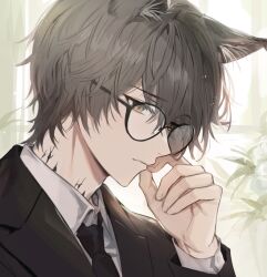  1boy animal_ear_fluff animal_ears arknights bespectacled black_necktie black_suit brown_hair cat_ears collared_shirt commentary_request formal glasses korean_commentary long_sleeves looking_down male_focus material_growth necktie oripathy_lesion_(arknights) p_(hgdsisd) phantom_(arknights) plant shirt short_hair simple_background solo suit upper_body white_background white_shirt yellow_eyes 