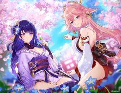  2girls animal_ears back bangs bare_back bare_shoulders black_gloves black_thighhighs blue_flower blue_sky blurry blurry_foreground braid braided_ponytail breasts bridal_gauntlets cherry_blossoms choker cleavage closed_mouth cloud dango day depth_of_field detached_sleeves dutch_angle earrings falling_petals floppy_ears flower food fox_ears fox_shadow_puppet genshin_impact gloves hair_between_eyes hair_flower hair_ornament holding holding_flower holding_food japanese_clothes jewelry kimono kleune long_hair long_sleeves looking_at_viewer low-tied_long_hair medium_breasts mole mole_under_eye multiple_girls neck_ribbon nontraditional_miko obiage obijime outdoors parted_lips petals pink_hair purple_eyes purple_flower purple_hair purple_kimono raiden_shogun red_sash red_skirt ribbon ribbon_trim sash shirt short_kimono shrug_(clothing) sideboob sidelocks single_braid sitting skirt sky sleeveless sleeveless_shirt smile tassel tassel_hair_ornament thighhighs thighs vision_(genshin_impact) wagashi white_shirt white_sleeves wide_sleeves yae_miko 