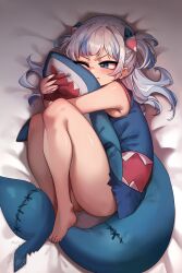  1girl absurdres annoyed barefoot blue_eyes blue_hair blush commentary curled_up english_commentary fins fish_tail gawr_gura gawr_gura_(1st_costume) grey_hair hair_ornament highres hololive hololive_english hug hugging_object medium_hair messy_hair multicolored_hair shark shark_girl shark_hair_ornament shark_tail solo stuffed_animal stuffed_toy tail twintails unstableboiler virtual_youtuber waking_up 