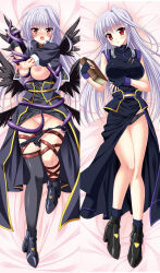  1girl black_panties black_thighhighs black_wings blush book breasts breasts_out endori holding holding_book large_breasts long_hair looking_at_viewer lyrical_nanoha mahou_shoujo_lyrical_nanoha mahou_shoujo_lyrical_nanoha_a&#039;s multiple_views nipples no_bra open_mouth panties panty_pull red_eyes reinforce tentacles thighhighs underwear white_hair wings 