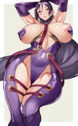  1girl absurdres armpits arms_up bare_shoulders blush bodysuit breasts cameltoe covered_erect_nipples covered_navel elbow_gloves fate_(series) gloves hair_between_eyes highres large_breasts long_hair minamoto_no_raikou_(fate) nipples parted_lips pasties purple_eyes purple_gloves purple_hair shiny_skin solo two-tone_background very_long_hair yoshio_(55level)  rating:Explicit score:78 user:danbooru