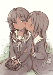  2girls blush cheek-to-cheek dark-skinned_female dark_skin dress closed_eyes heads_together highres holding_another&#039;s_arm imminent_kiss kyuri long_hair low_twintails multiple_girls original own_hands_clasped own_hands_together sailor_dress sketch smile tan twintails yuri  rating:Sensitive score:7 user:forumbot