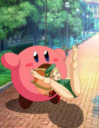  1girl barefoot blonde_hair cammy_white capcom elmonais feet hat highres inhaling kirby kirby_(series) nintendo soles street_fighter vore  rating:Questionable score:7 user:Vore_Fanatic