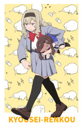  &gt;_&lt; 2girls absurdres anger_vein animal_background annoyed bird black_hairband black_thighhighs blonde_hair border bow bowtie brown_footwear brown_hair carrying carrying_person carrying_under_arm closed_eyes closed_mouth commentary food fruit fruit_background full_body grey_jacket grey_skirt hair_bow hair_ornament hairband half-closed_eyes half_updo hand_to_own_mouth hands_up highres jacket kiwi_(bird) kiwi_(fruit) kiwi_slice loafers long_hair long_sleeves looking_ahead mebachiko02 mini_person minigirl miniskirt multiple_girls no_mouth open_clothes open_jacket outside_border parted_bangs pink_eyes pleated_skirt purple_bow red_bow red_bowtie romaji_text saijou_claudine school_uniform seishou_music_academy_uniform shaded_face shirt shirt_tucked_in shoe_soles shoes shoujo_kageki_revue_starlight sidelocks skirt sweatdrop tendou_maya thighhighs translated v-shaped_eyebrows walking white_border white_shirt x_hair_ornament yellow_background zettai_ryouiki 