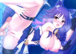  1boy 1girl animal_ears belt blush bow breasts breasts_outside censored corset detached_sleeves erection female_ejaculation from_side gloves large_breasts maca_(macaca12) makoto_(princess_connect!) nipples open_mouth penis princess_connect! princess_connect!_re:dive purple_hair skirt skirt_lift solo spread_legs steam tail thigh_grab wolf_ears wolf_girl wolf_tail yellow_eyes 